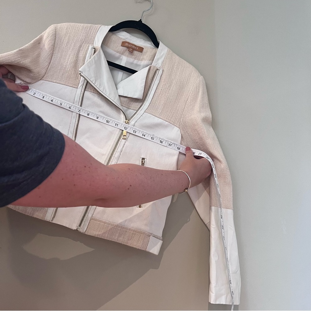 Ellen Tracy Off White Asymmetrical Zip Faux Leather Tweed Crop Jacket - Picture 5 of 5